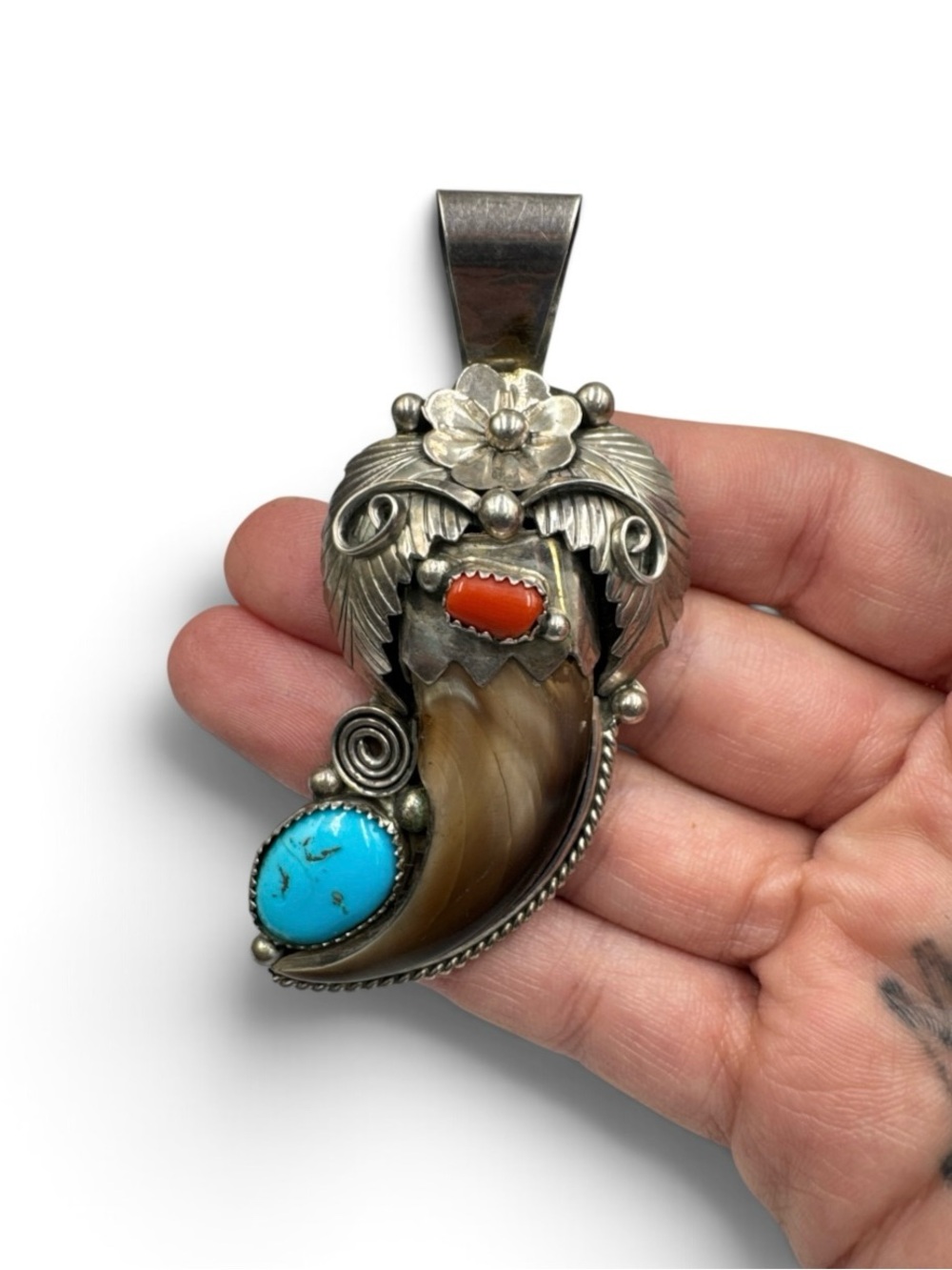 Vintage 1970s Navajo Sterling Bear Claw Turquoise Coral Pendant 3”